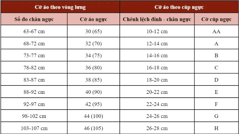 Bảng size áo ngực đúng chuẩn 