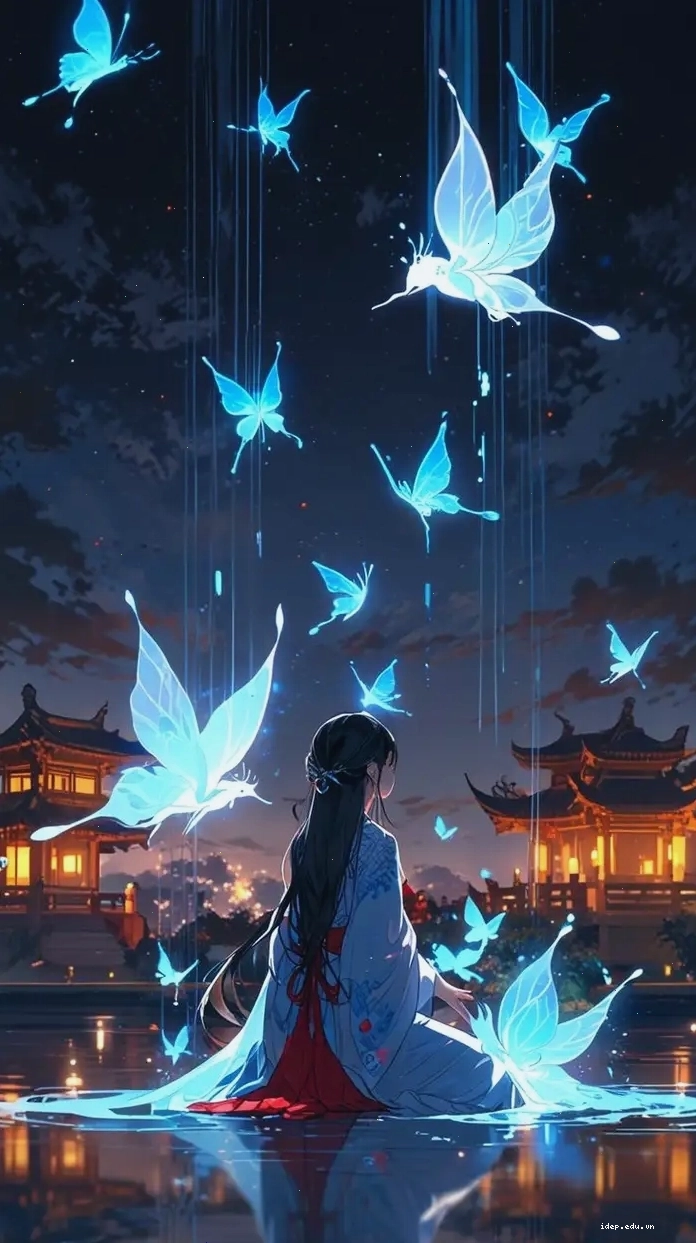 Ảnh anime chibi màu xanh dương bên cạnh chú bướm