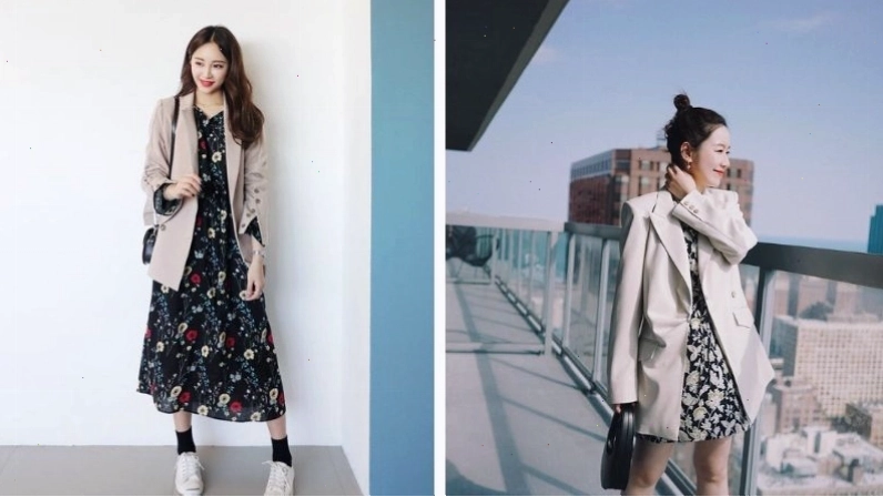 Áo blazer be phối cùng váy hoa nhí dáng dài