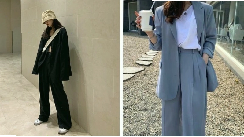 Áo blazer đen phối cùng áo sơ mi và quần ống rộng