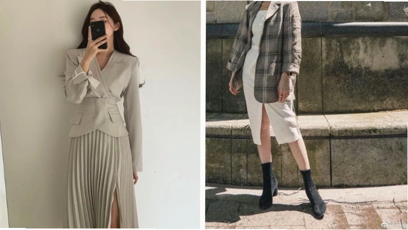 Áo blazer đen phối cùng váy xẻ tà màu đỏ quyến rũ