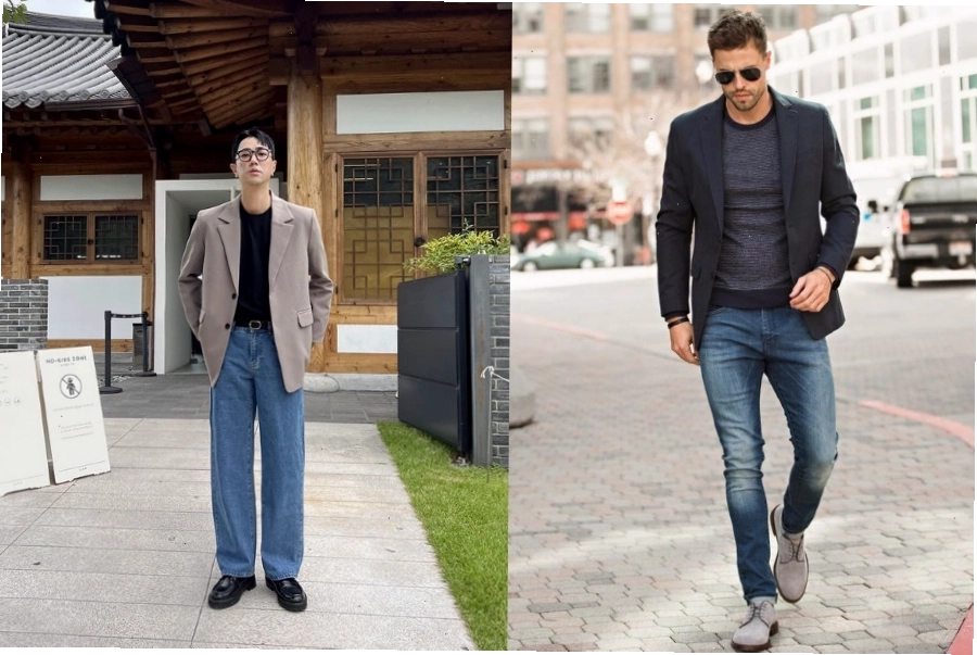 Áo blazer kết hợp quần jean tối màu và áo thun