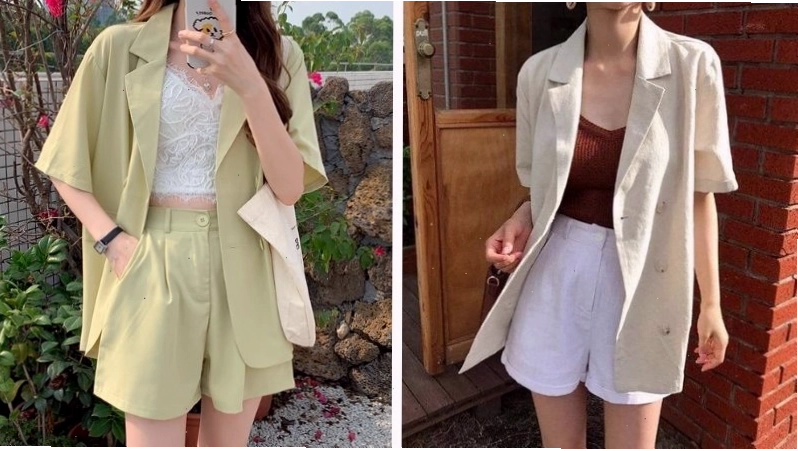 Áo blazer khoác ngoài áo len cổ lọ và quần short