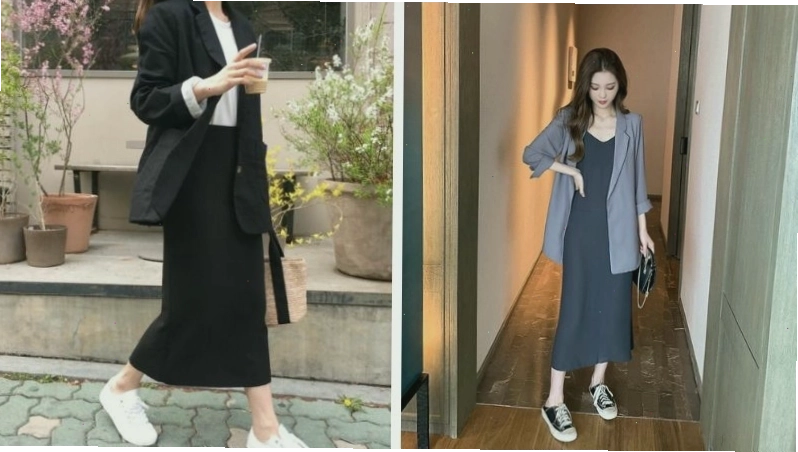 Áo blazer xám phối cùng váy suông dài màu trắng