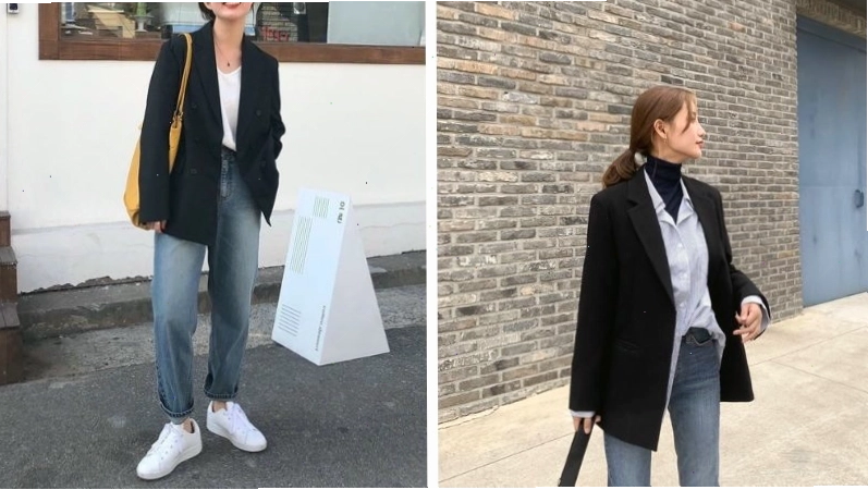 Áo blazer xanh phối cùng áo phông trắng và quần jeans