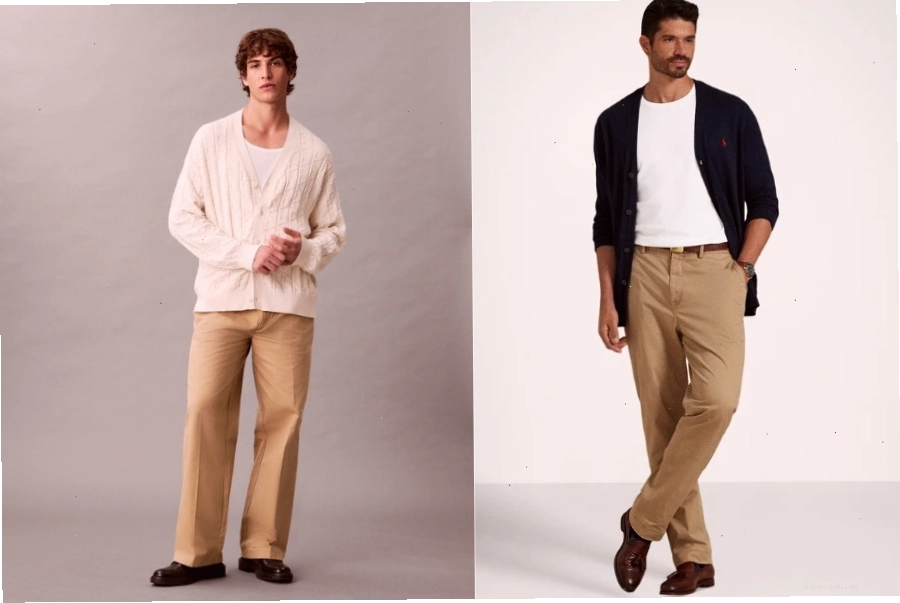 Áo cardigan nam phối cùng áo thun trắng và quần kaki
