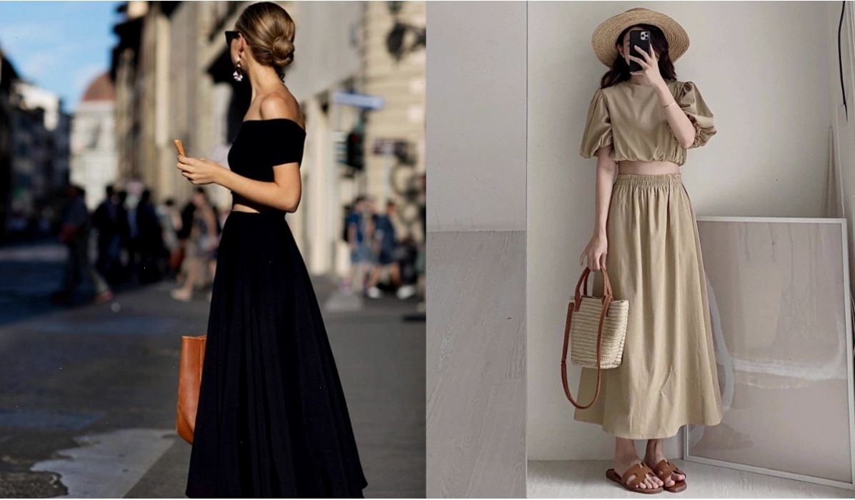 Áo croptop phối cùng chân váy dài qua gối