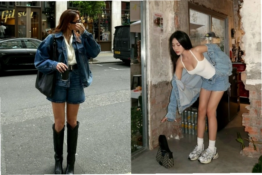 Áo khoác jean với quần short denim cá tính