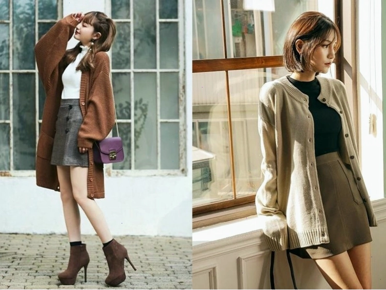 Áo khoác len cardigan dáng dài phối chân váy ngắn