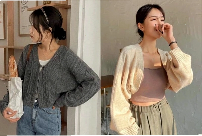 Áo khoác len cardigan trắng phối cùng váy hai dây đen