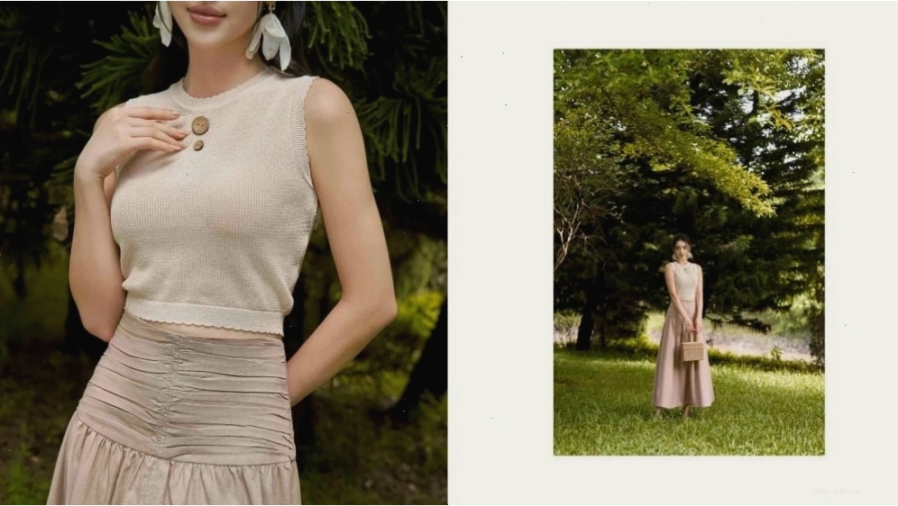 Áo len sát nách dáng croptop phối cùng chân váy midi dài