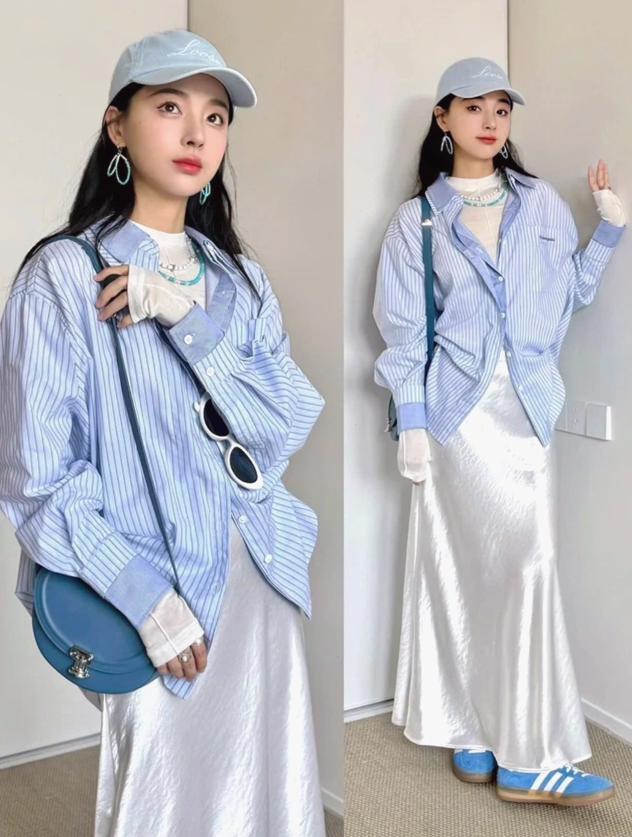 Áo sơ mi kẻ sọc xanh trắng nữ dáng oversized với chân váy lụa trắng