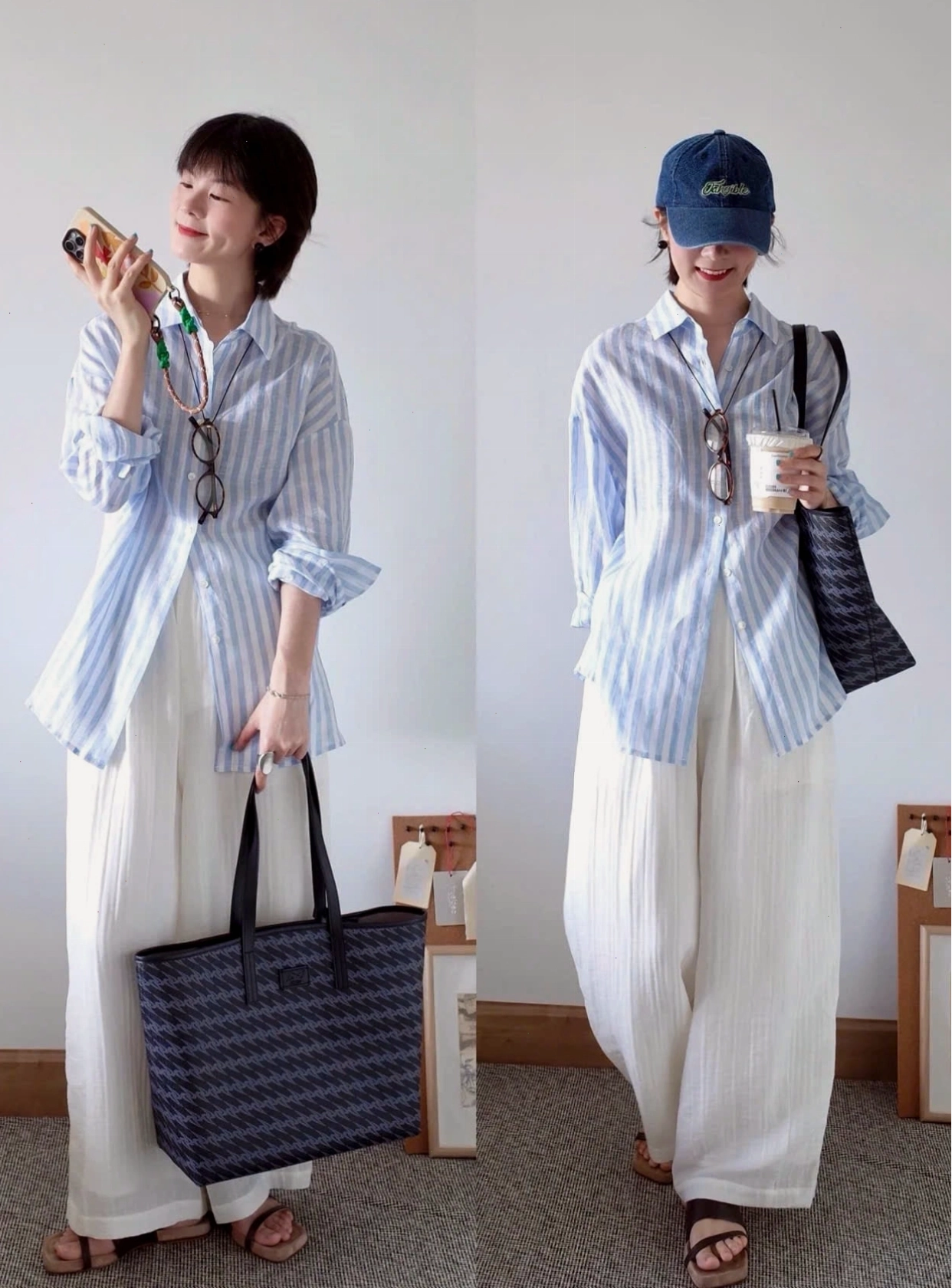 Áo sơ mi kẻ sọc xanh trắng nữ dáng oversized với quần ống rộng trắng