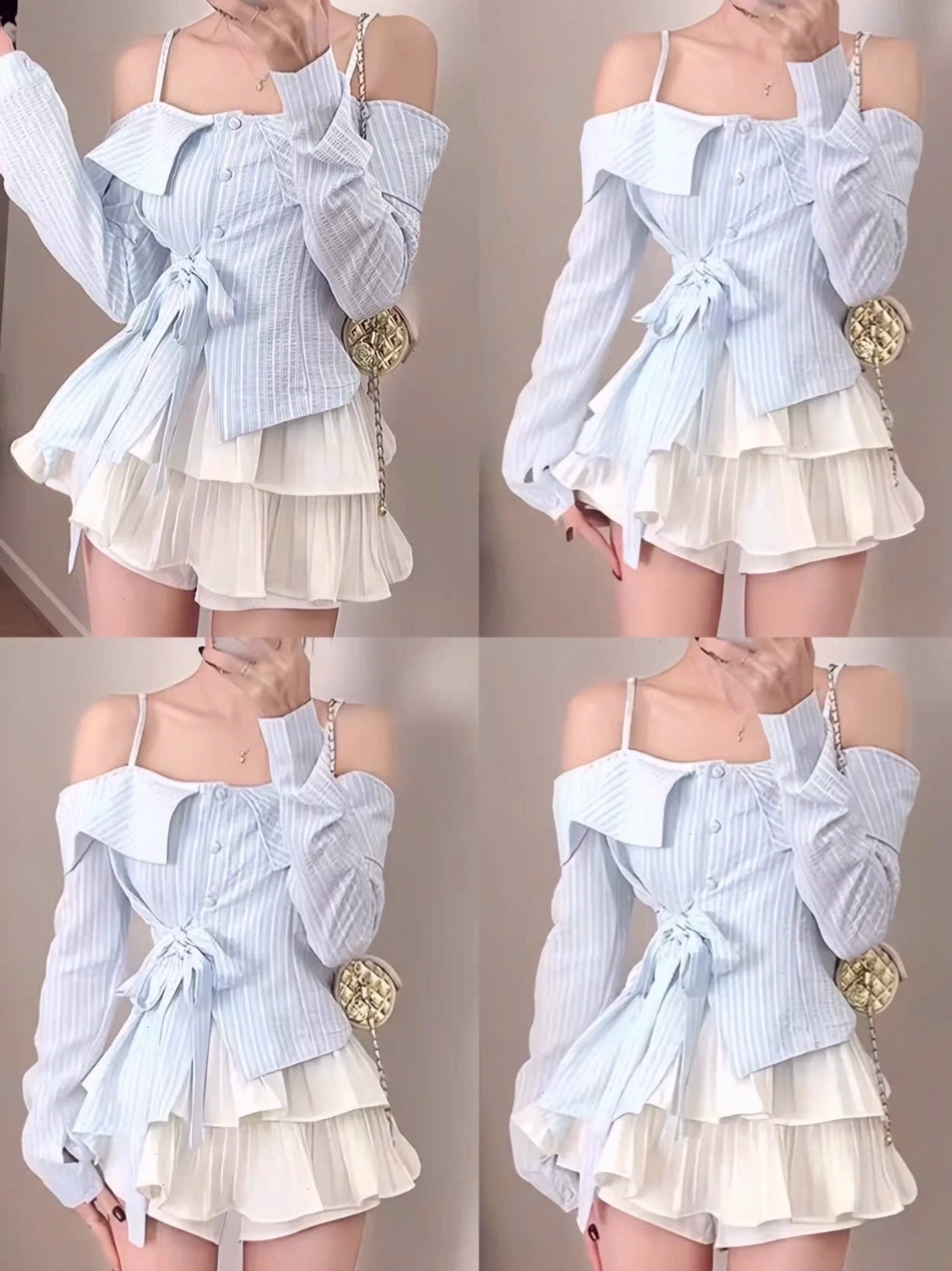 Áo sơ mi kẻ sọc xanh trắng nữ trễ vai tay bồng với quần shorts bèo nhún