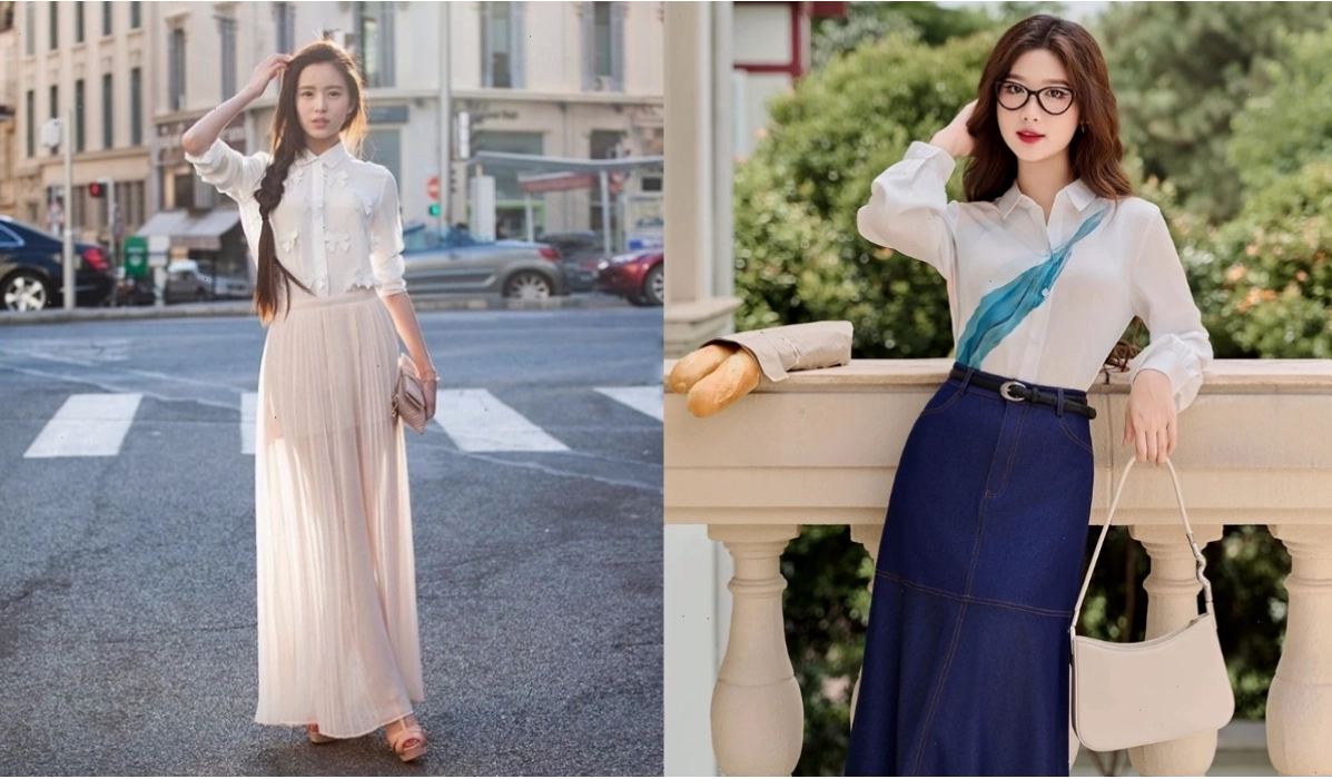 Áo sơ mi trắng phối cùng chân váy dài maxi