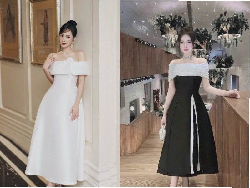 Áo sơ mi và chân váy midi xẻ tà cho nữ lùn đi đám cưới