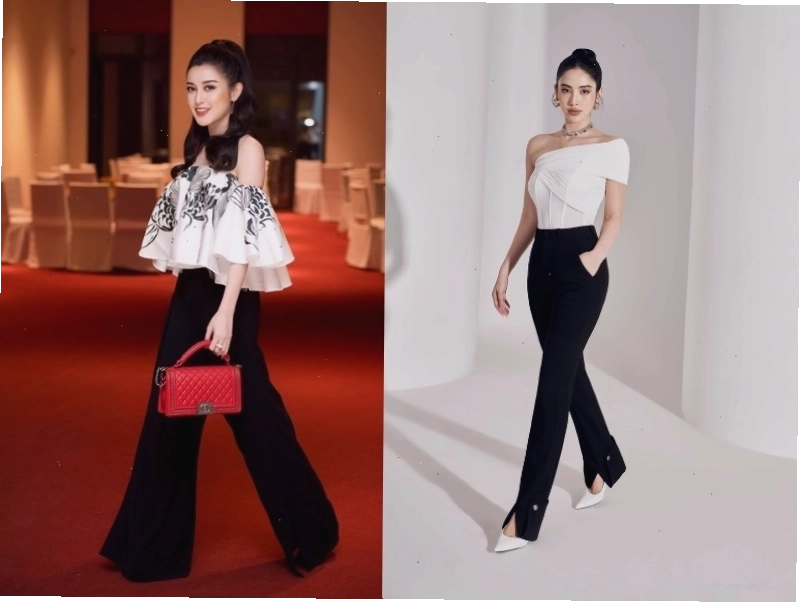 Áo trễ vai kết hợp quần ống loe cho nữ lùn đi đám cưới