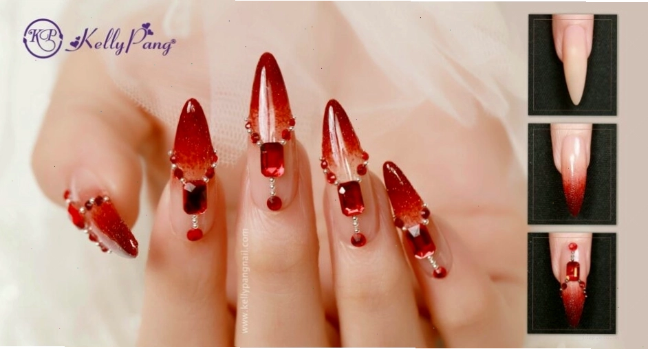 Cách Vẽ Nail Đỏ Ruby Ombre Đính Đá Kiêu Sa