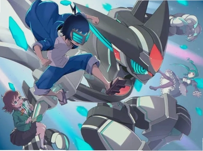 Cảnh chiến đấu của các robot trong một bộ anime mecha