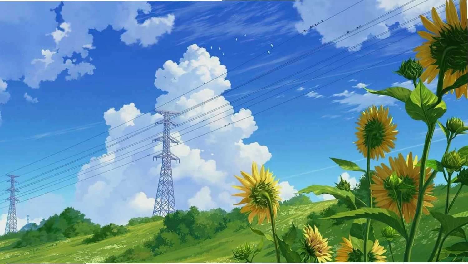 Cảnh quan anime lãng mạn với những cánh đồng hoa hướng dương