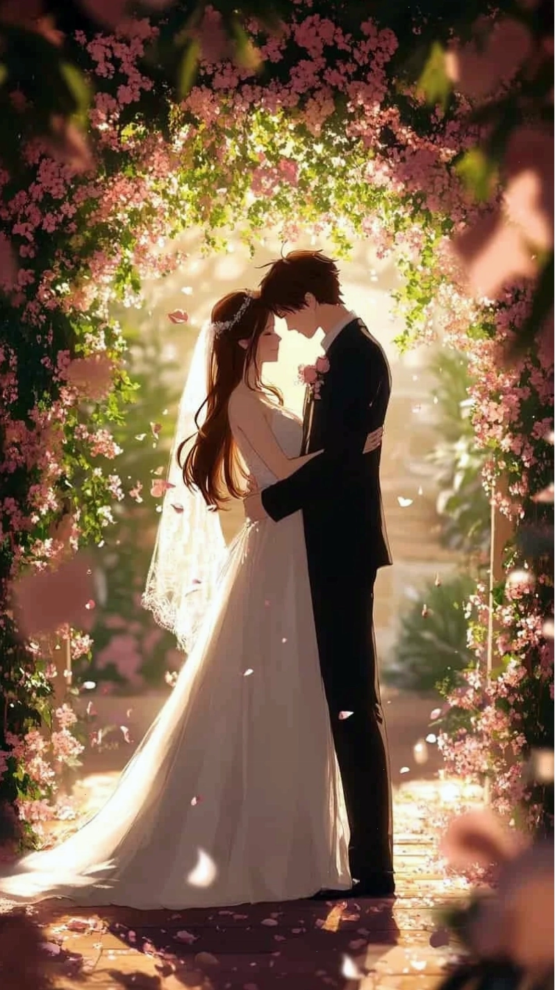 Cặp đôi anime trong trang phục cưới, thể hiện tình yêu lãng mạn