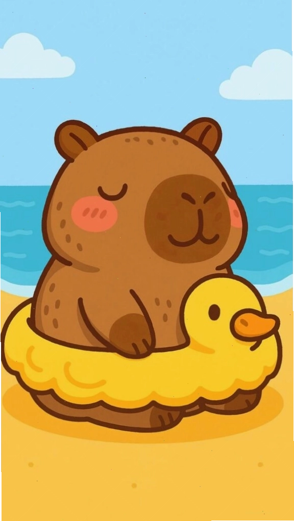 Capybara tắm biển trên phao vịt, vẻ mặt vô tri