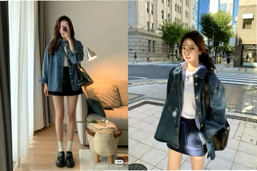 Chân váy chữ A mix áo khoác jean thời thượng