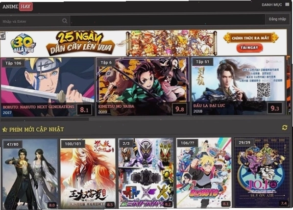 Giao diện trang web xem anime Animehay.tv