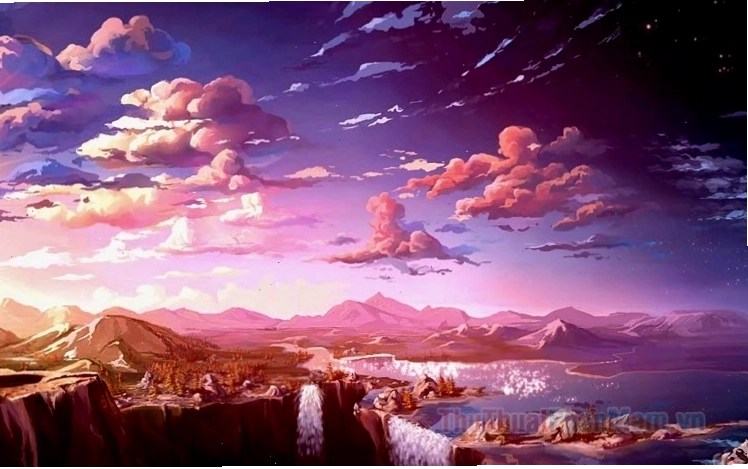 Hình ảnh anime phong cảnh núi non hùng vĩ dưới ánh hoàng hôn