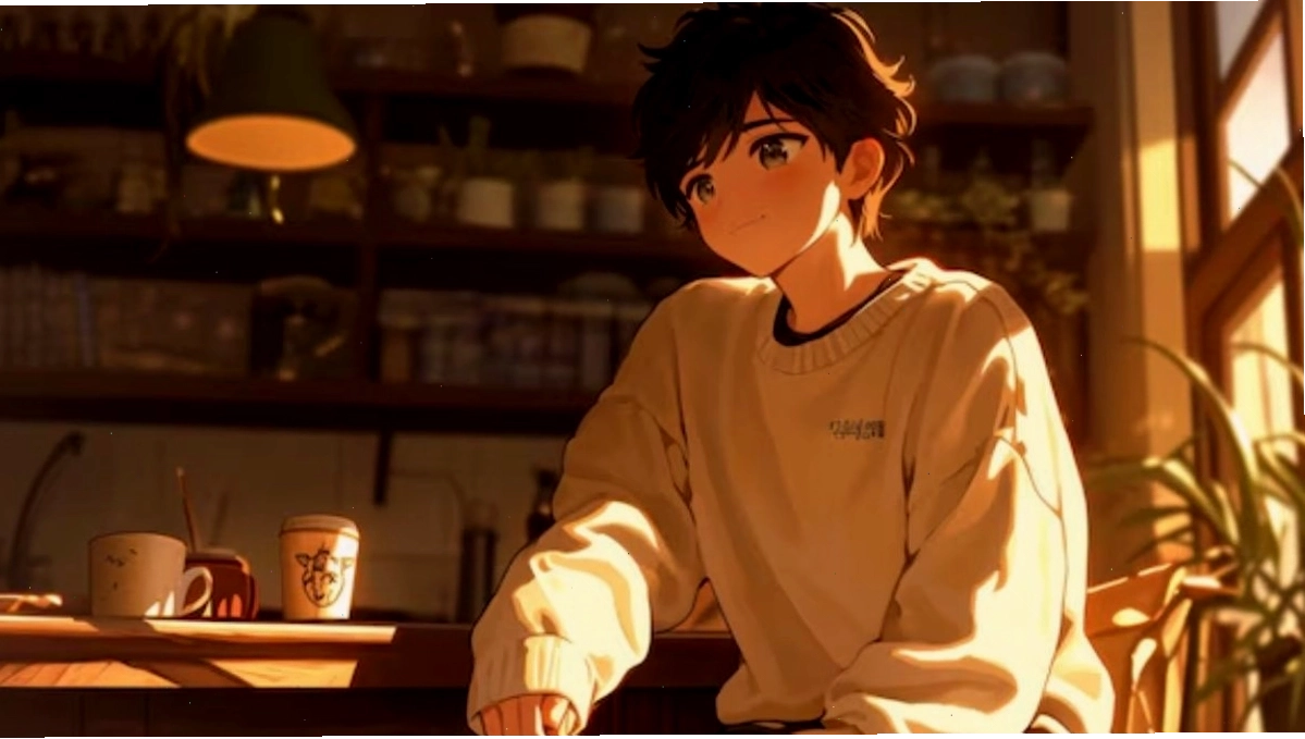 Hình ảnh nhân vật nam anime trong trang phục hài hòa kết hợp áo sơ mi và quần ống rộng