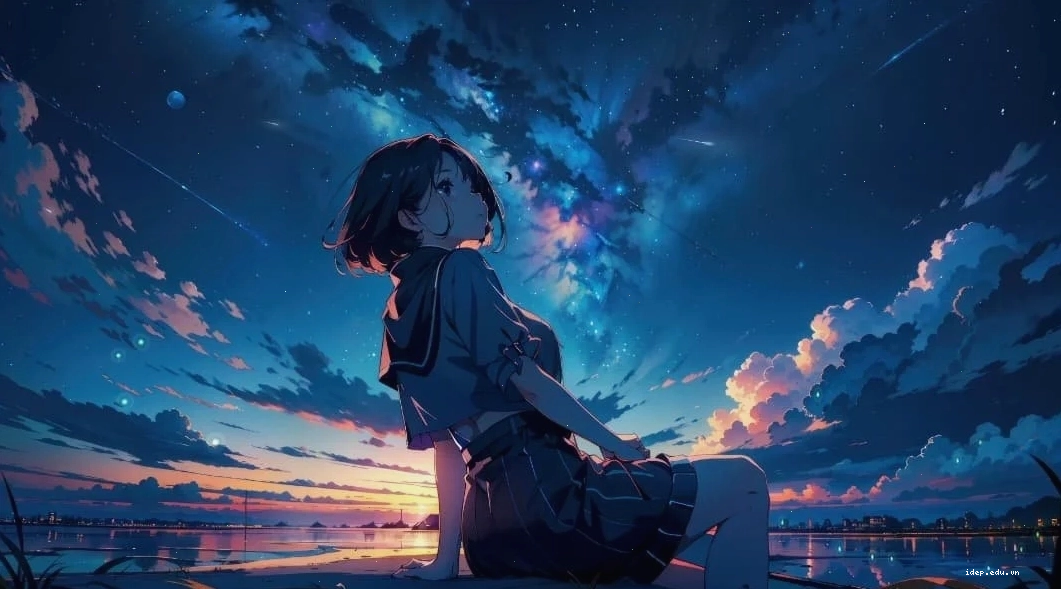 Hình nền 4k anime bầu trời đêm đầy sao và ánh trăng