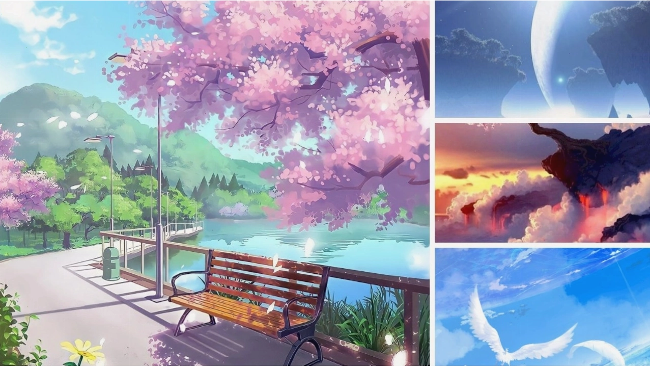 Hình nền điện thoại phong cảnh anime với cây cối xanh tươi và bầu trời trong lành