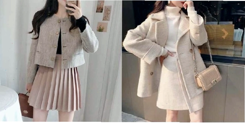 Kết hợp áo khoác dạ ngắn với áo len và chân váy ngắn trẻ trung