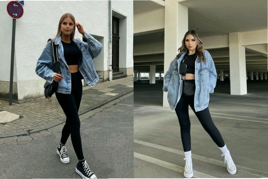 Khỏe khoắn năng động với quần legging và áo khoác jean
