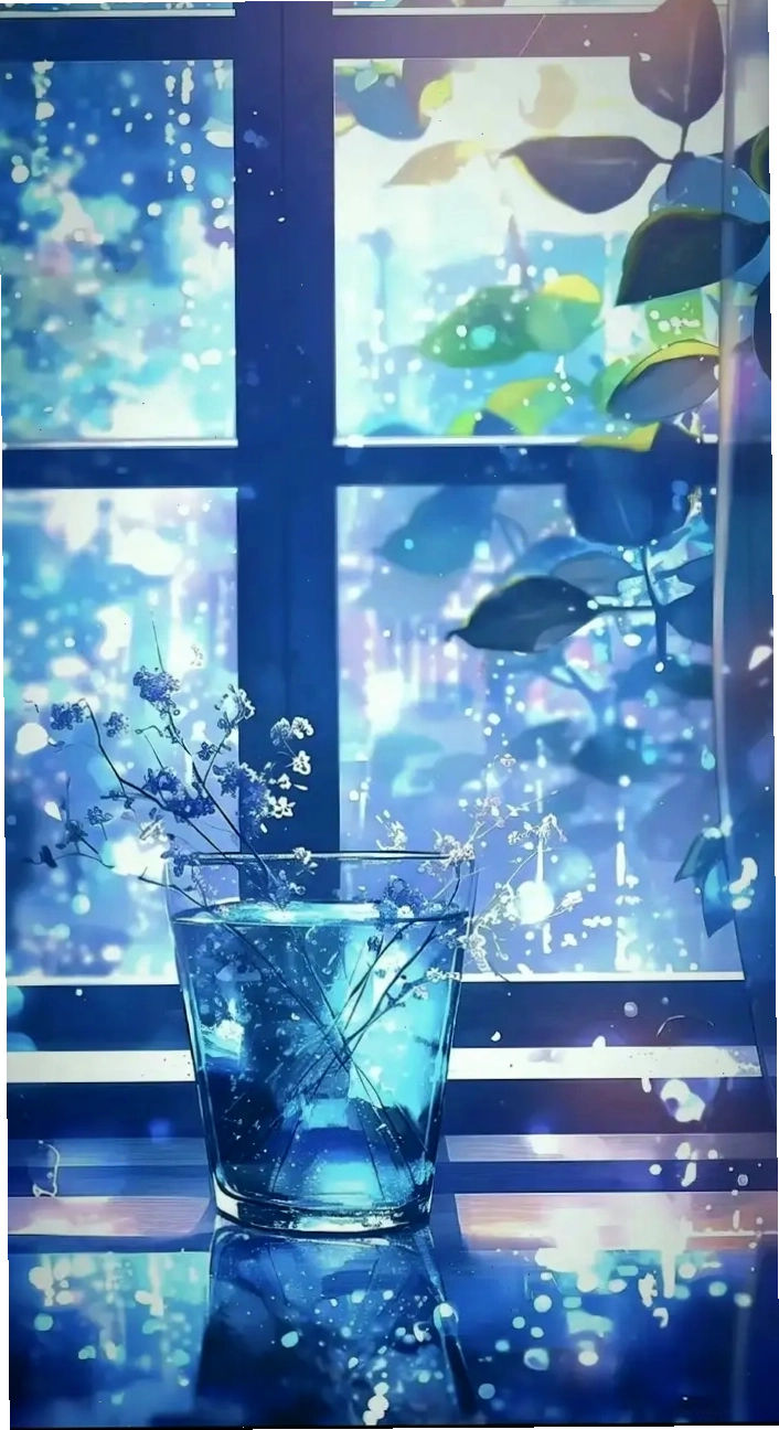 Khung cảnh anime nhìn qua cửa sổ màu xanh dương