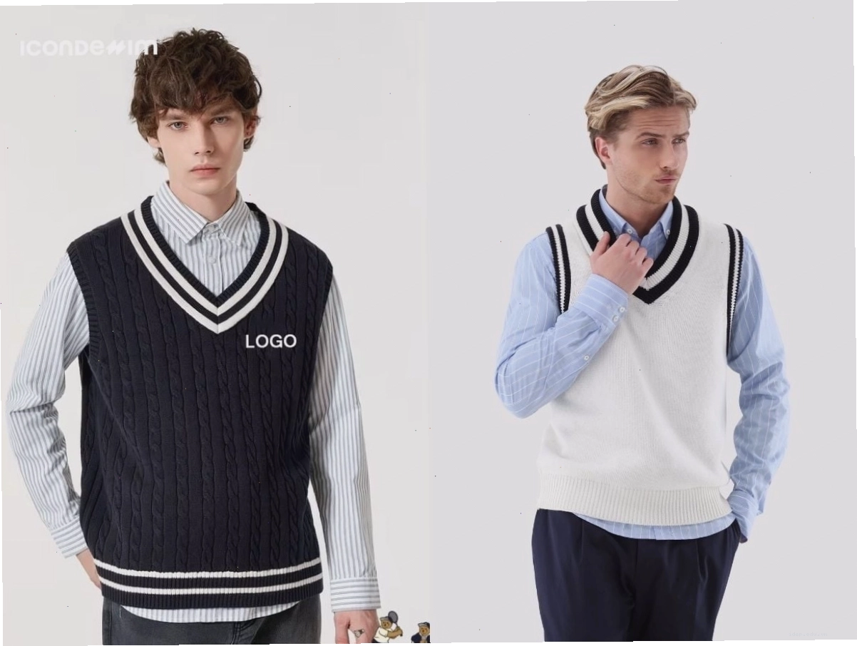 Layering với áo gile len và áo sơ mi kẻ sọc
