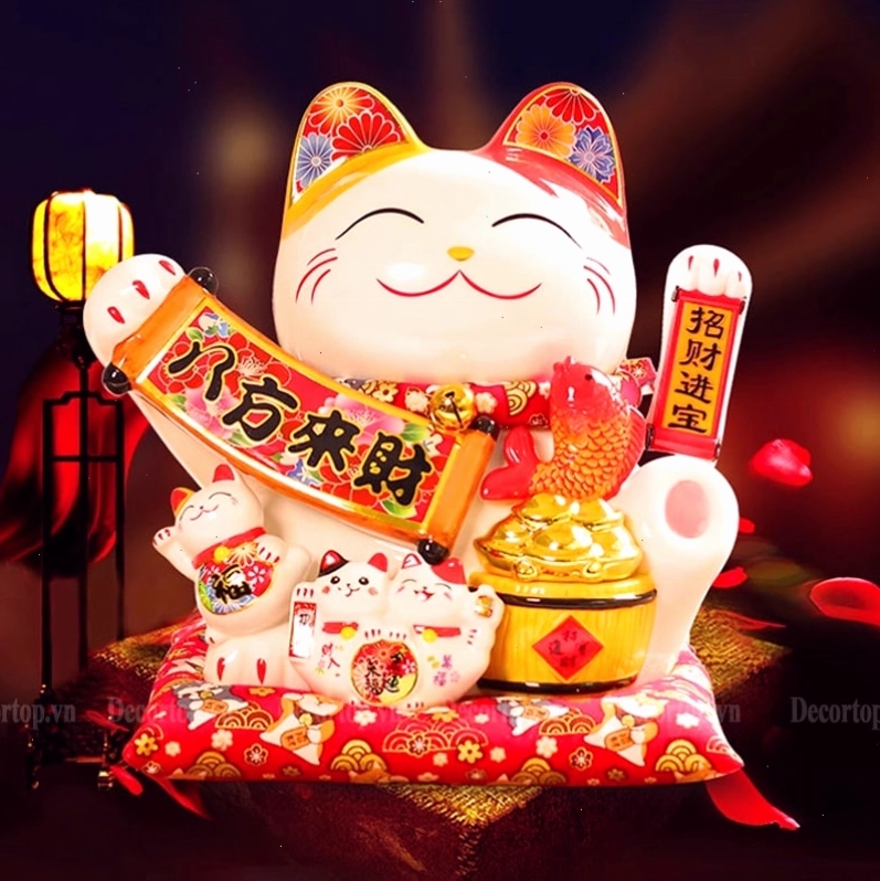Mẫu mèo thần tài vẫy tay màu trắng tinh khiết mang lại may mắn