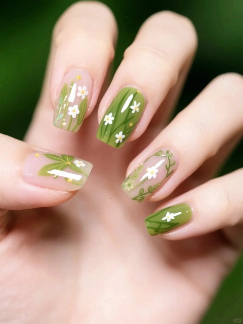 Mẫu nail chân màu xanh rêu kết hợp với các phụ kiện nhỏ