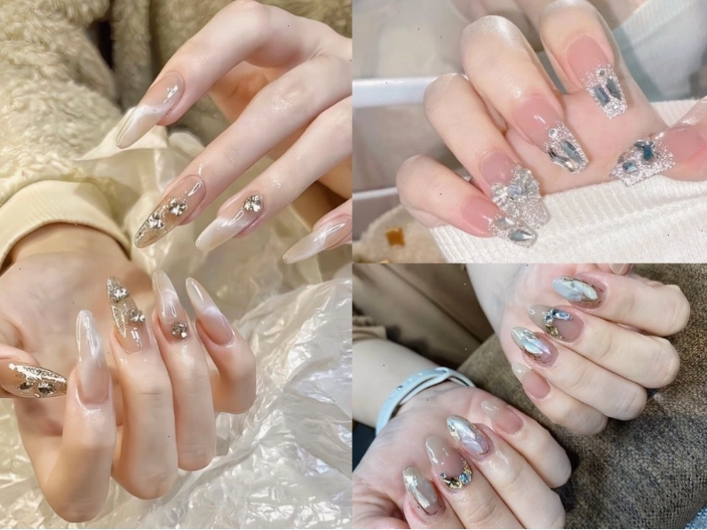 Mẫu nail cô dâu đính đá lấp lánh tạo điểm nhấn cuốn hút