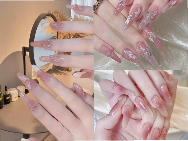 Mẫu nail cô dâu màu hồng dài kiêu sa và quyến rũ