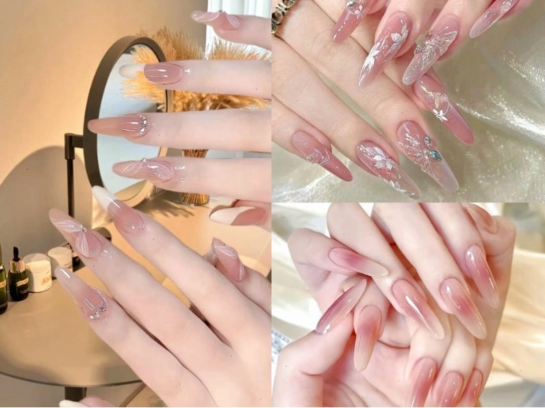 Mẫu nail cô dâu màu hồng ngọt ngào cho móng dài
