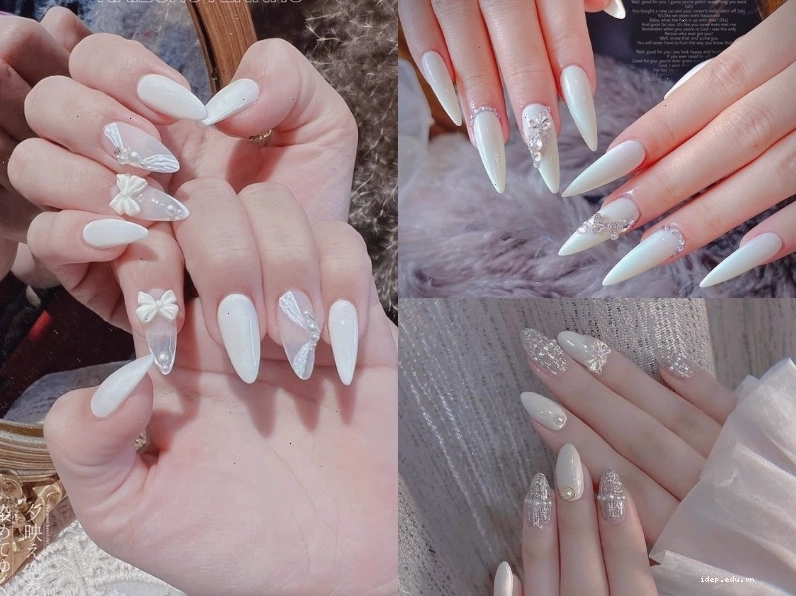 Mẫu nail cô dâu màu trắng thanh lịch với họa tiết nhẹ nhàng