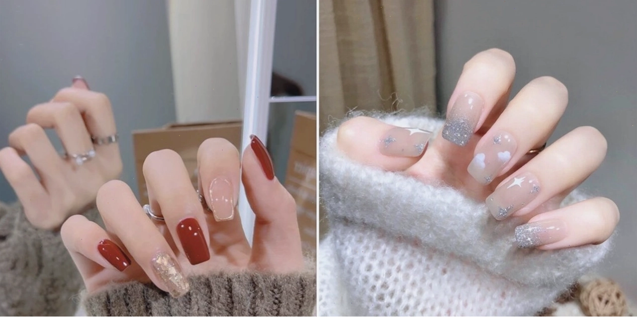 Mẫu nail đẹp với kỹ thuật đính đá lấp lánh trên nền màu nude