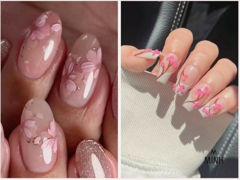 Mẫu nail hoa anh đào theo phong cách vẽ tay tinh tế