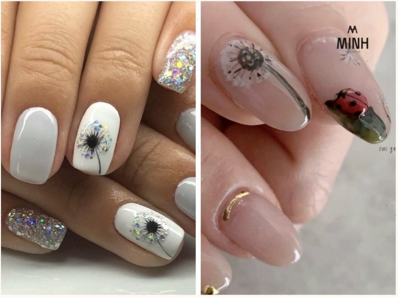 Mẫu nail hoa bồ công anh trên nền màu xanh pastel