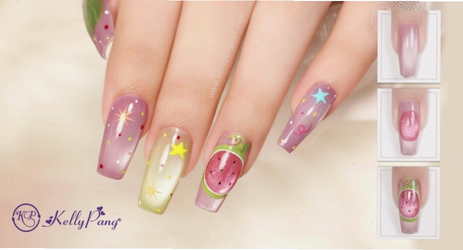 Mẫu nail họa tiết dưa hấu hiệu ứng mắt mèo