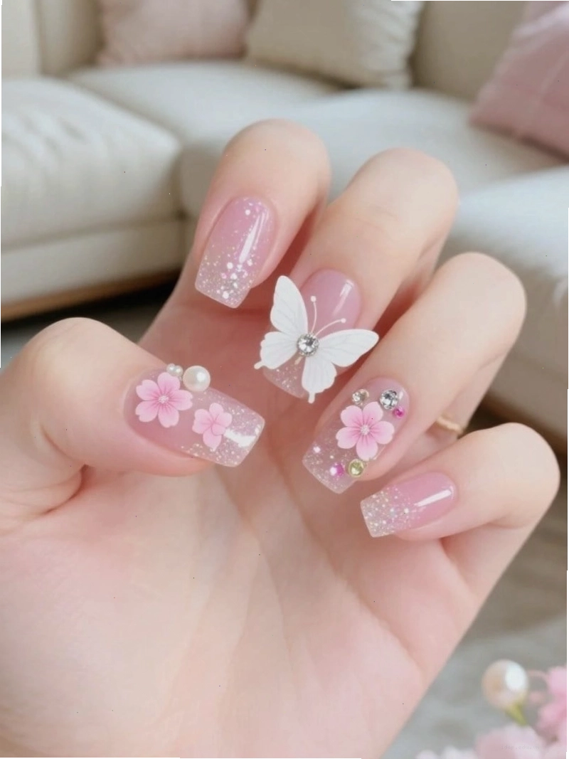 Mẫu nail màu hồng thạch kết hợp kim tuyến lấp lánh