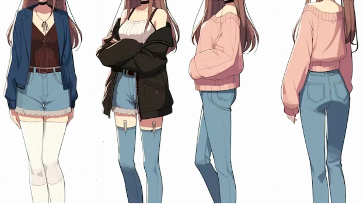 Mô hình bản vẽ trang phục anime nữ với váy xếp ly và áo sơ mi phong cách học đường