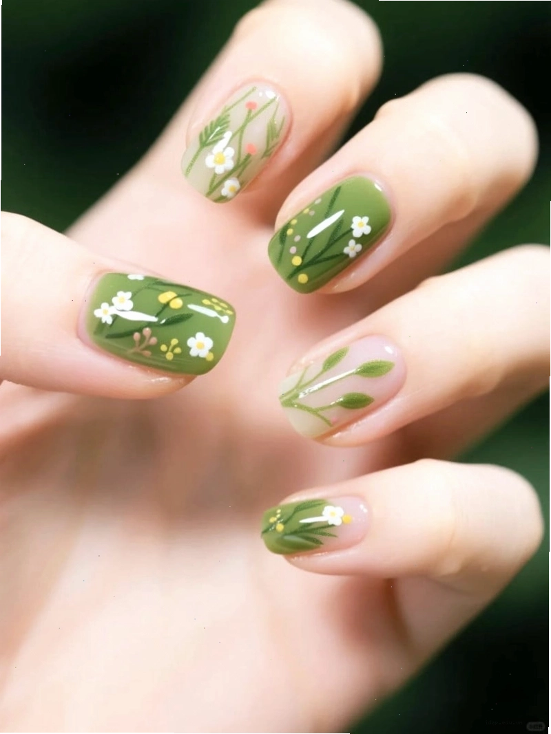 Móng chân màu xanh ngọc bích với chi tiết cành lá tinh xảo