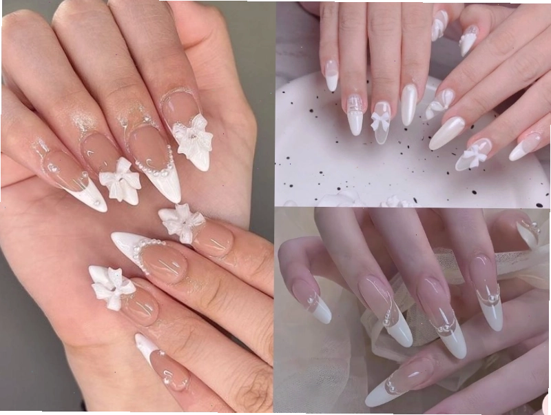 Nail cô dâu màu trắng nổi bật với điểm nhấn đá quý